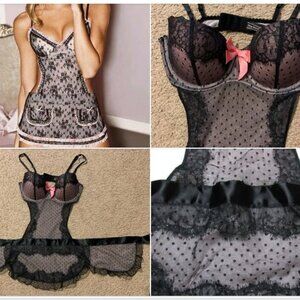 NEW VICTORIA’S SECRET POLKADOT BOW MESH FRENCH MAID APRON LINGERIE 34B🖤